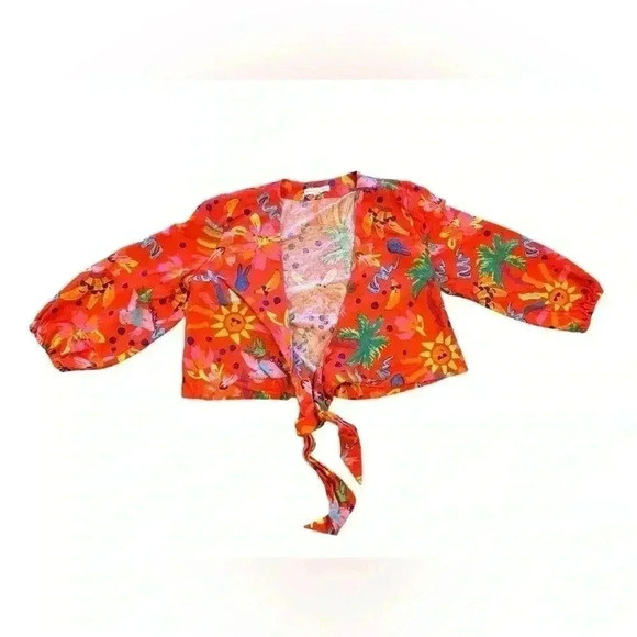 Maison d’Amelie Tropical Tie Front Linen Blend V-Neck 3/4 Sleeve Top Size Small - Picture 1 of 10